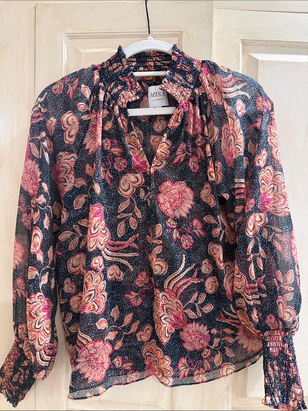 Misa Los Angeles Black Blouse with Pink & Cream Floral Print